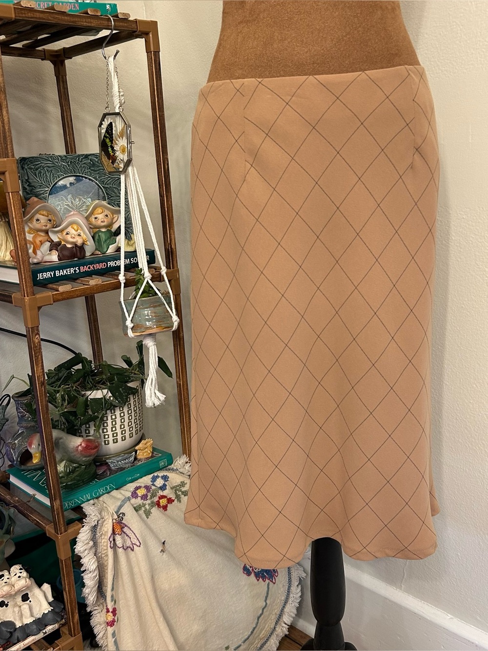 Vintage 90s Office Tan Thin Checkered Midi Skirt by Michele